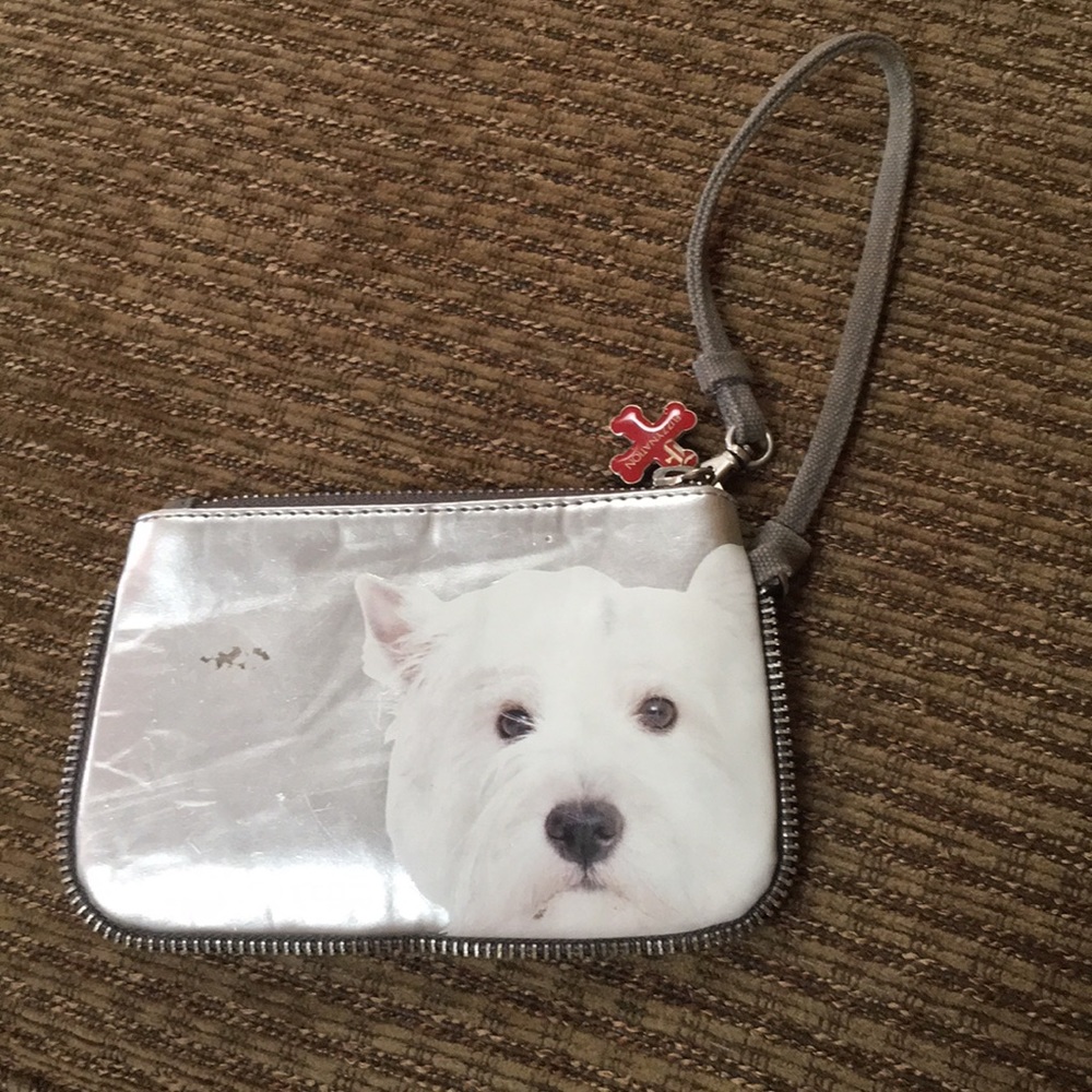 Fuzzy nation white terrier wristlet coin purse